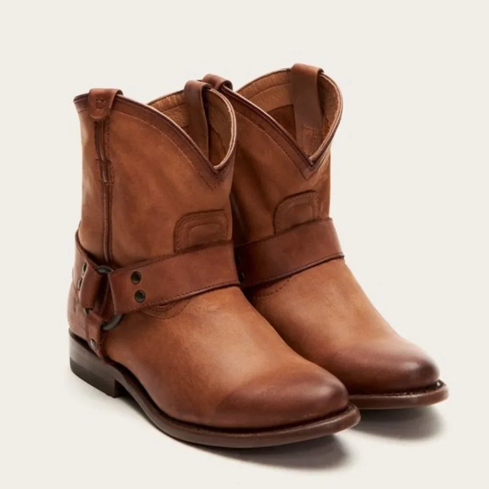 $388 Frye Wyatt Harness Cognac Brown Leather Cowboy Western Short Ankle Boot - Picture 2 of 13